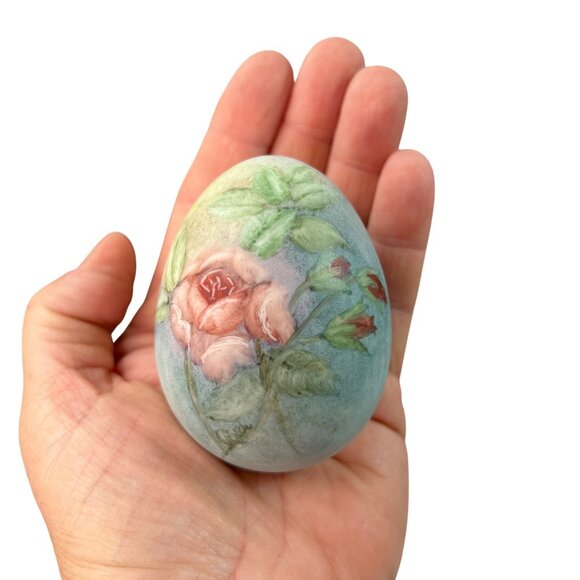Vintage Porcelain Hand Painted Pink Rose Egg Easter Floral - Picture 2 of 10